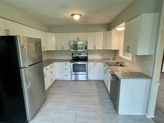 809 Chestnut Wood Ln, Chattanooga, TN 37421 - kitchen featuring tasteful backsplash, light stone counters, white cabinetry, stainless steel appliances, and a sink