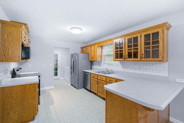 82 Andrew Rd, Ringgold, GA 30736 - kitchen featuring stainless steel appliances, a sink, a peninsula, light countertops, and glass insert cabinets