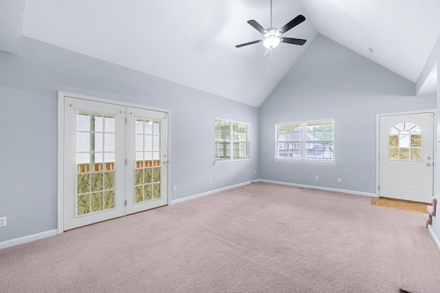 82 Andrew Rd, Ringgold, GA 30736 - unfurnished living room featuring high vaulted ceiling, carpet, a ceiling fan, and baseboards
