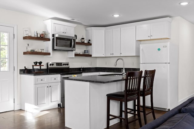 kitchen featuring dark wood-style flooring, recessed lighting, open shelves, stainless steel appliances, and a sink
