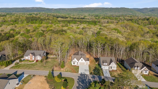 aerial view with a wooded view and a residential view