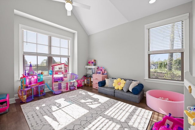 playroom featuring a ceiling fan, wood finished floors, recessed lighting, and vaulted ceiling
