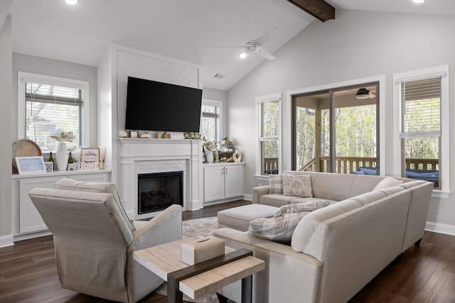 living room with recessed lighting, beam ceiling, ceiling fan, and dark wood-style floors
