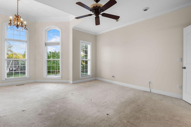 7111 River Run Dr, Chattanooga, TN 37416 - carpeted spare room with baseboards, crown molding, and ceiling fan with notable chandelier