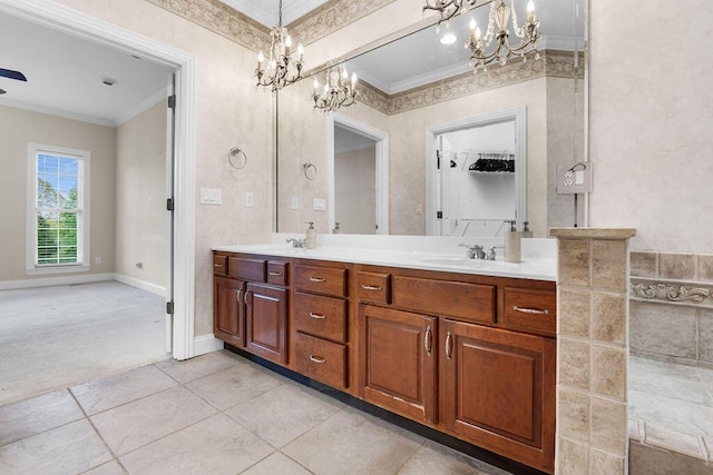 7111 River Run Dr, Chattanooga, TN 37416 - full bathroom with a sink, ornamental molding, double vanity, and a chandelier