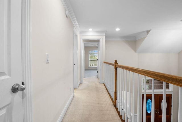 7111 River Run Dr, Chattanooga, TN 37416 - corridor featuring ornamental molding, baseboards, recessed lighting, and light colored carpet