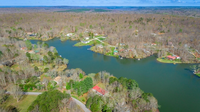 aerial view featuring a water view and a view of trees