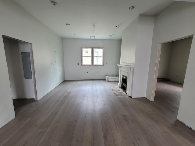 unfurnished living room with a premium fireplace and wood finished floors