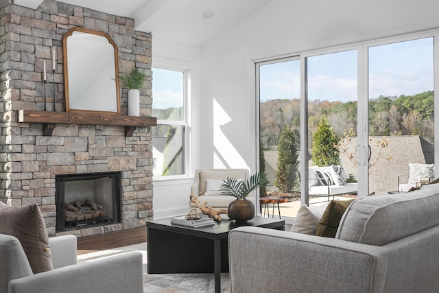 92 Lemonade St, Chattanooga, TN 37421 - living area featuring plenty of natural light, vaulted ceiling, a fireplace, and wood finished floors