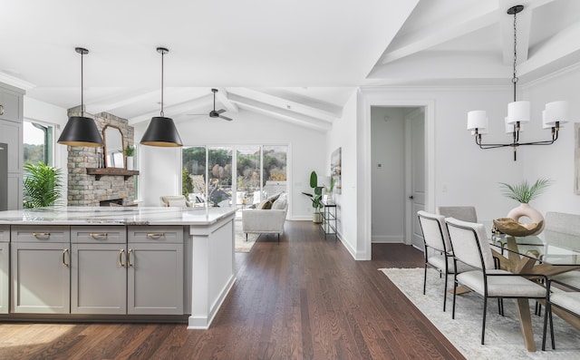 92 Lemonade St, Chattanooga, TN 37421 - kitchen featuring gray cabinetry, a chandelier, open floor plan, and plenty of natural light