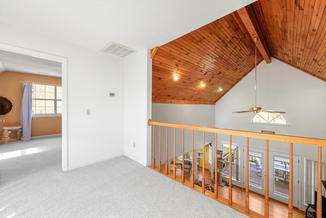 corridor featuring visible vents, lofted ceiling with beams, and wood ceiling