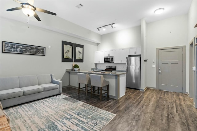 living room with a towering ceiling, dark wood-style flooring, baseboards, visible vents, and ceiling fan