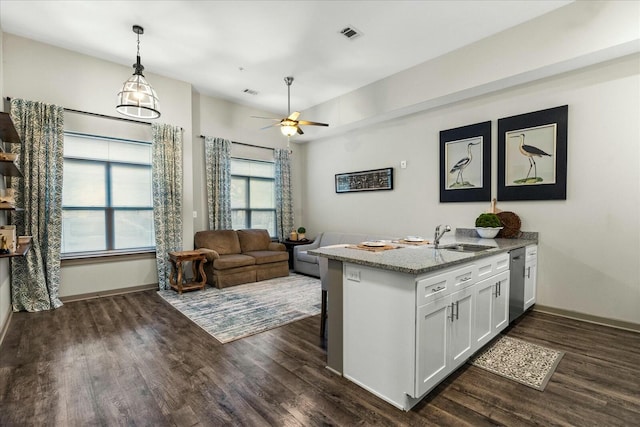 kitchen with dishwasher, a sink, dark wood-style floors, and white cabinets