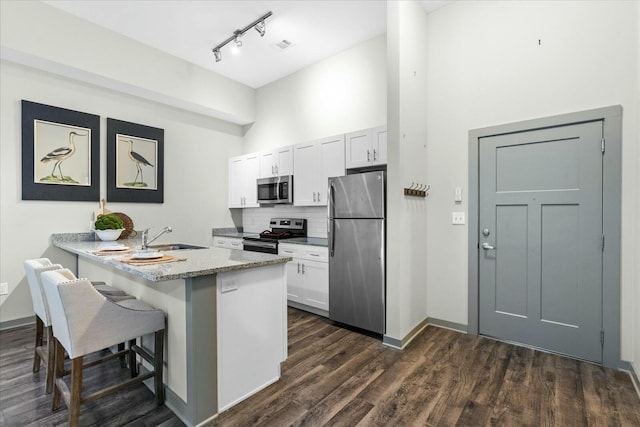 kitchen featuring dark wood-style flooring, a breakfast bar, a sink, and appliances with stainless steel finishes