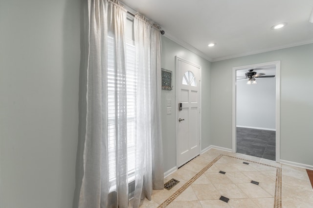 tiled entryway with baseboards, recessed lighting, crown molding, visible vents, and ceiling fan