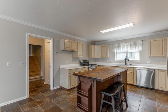 kitchen with a sink, appliances with stainless steel finishes, wood counters, and light brown cabinetry