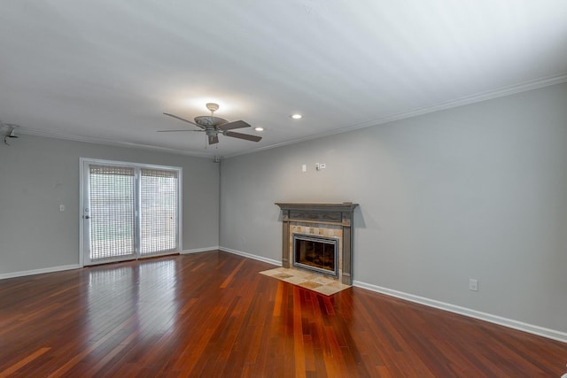 unfurnished living room featuring a tile fireplace, baseboards, a ceiling fan, and recessed lighting