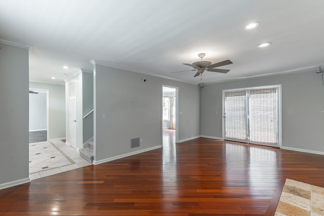 interior space featuring ceiling fan, crown molding, recessed lighting, stairs, and wood-type flooring