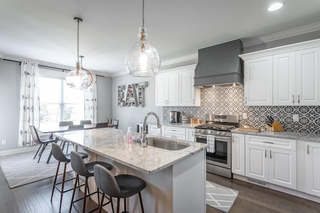 kitchen featuring a sink, backsplash, gas stove, an island with sink, and premium range hood