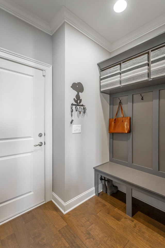 mudroom featuring wood finished floors, baseboards, and ornamental molding