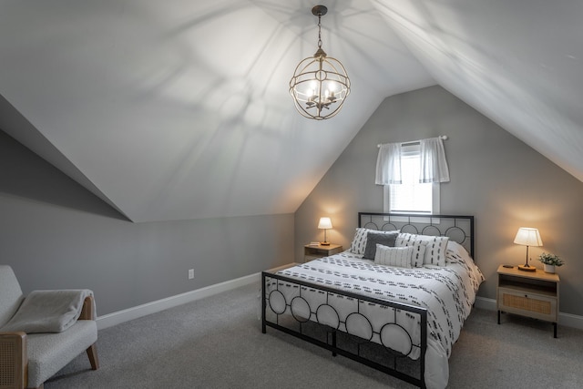 bedroom featuring vaulted ceiling, carpet flooring, and baseboards