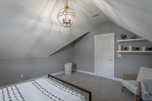 bedroom featuring vaulted ceiling, visible vents, baseboards, a chandelier, and carpet flooring