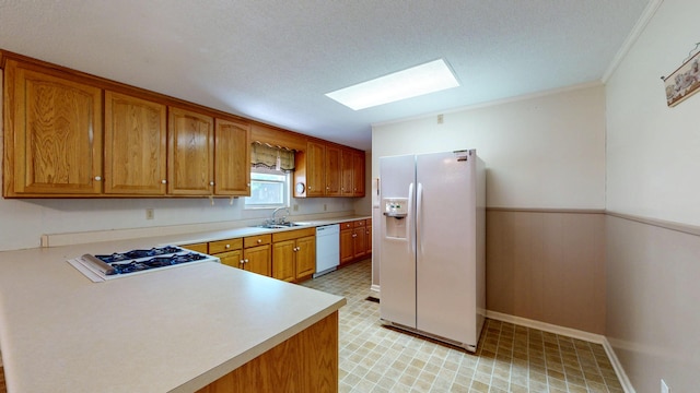 kitchen featuring a sink, a skylight, white appliances, light floors, and light countertops