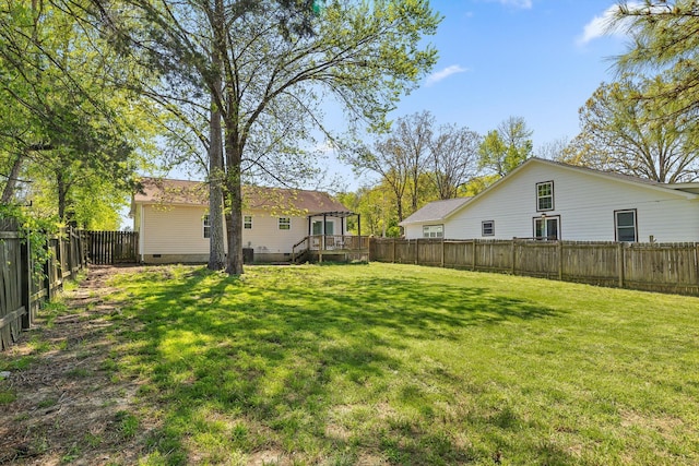 view of yard featuring a deck and a fenced backyard