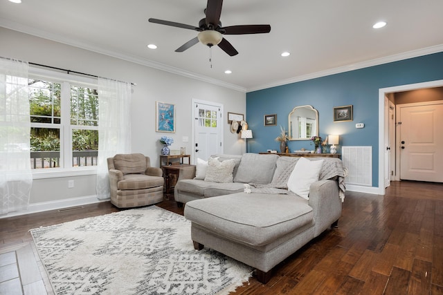 living room featuring visible vents, ceiling fan, dark wood-style floors, recessed lighting, and ornamental molding