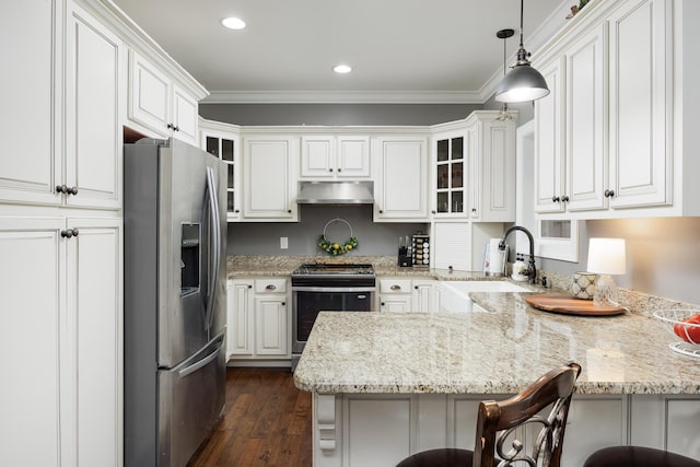 kitchen with a sink, stainless steel appliances, under cabinet range hood, crown molding, and a peninsula