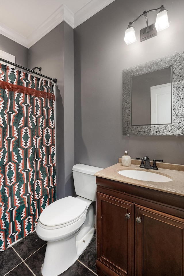 full bath with vanity, curtained shower, crown molding, toilet, and tile patterned flooring