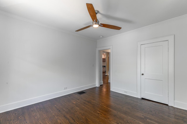 915 Barton Ave, Chattanooga, TN 37405 - empty room featuring baseboards, ornamental molding, a ceiling fan, visible vents, and dark wood finished floors