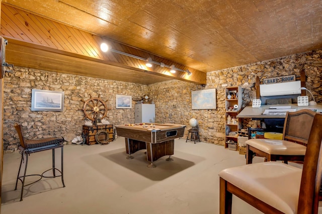 381 E View Dr, Chattanooga, TN 37404 - rec room with wood ceiling, finished concrete floors, rail lighting, and pool table