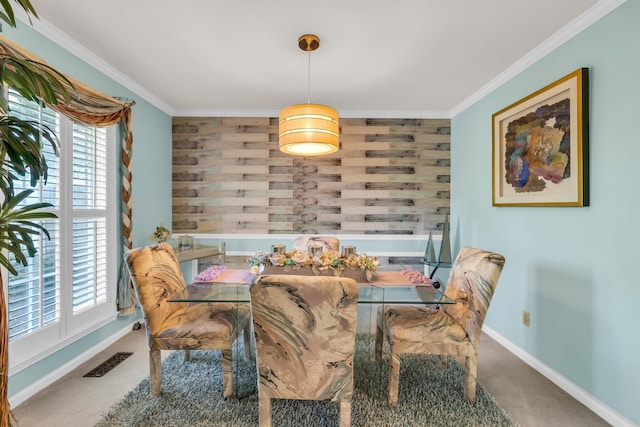 6434 Waconda Point Rd, Harrison, TN 37341 - dining room with carpet flooring, ornamental molding, and visible vents