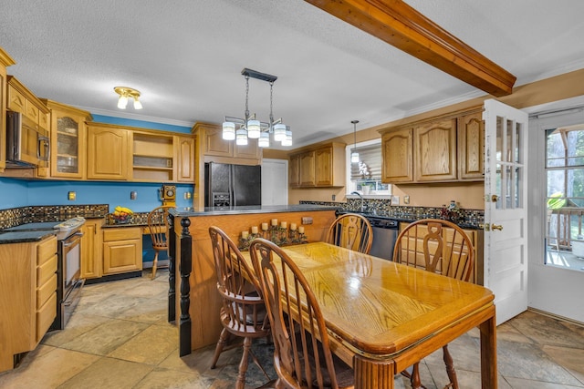 6434 Waconda Point Rd, Harrison, TN 37341 - kitchen featuring glass insert cabinets, open shelves, dark countertops, appliances with stainless steel finishes, and beam ceiling