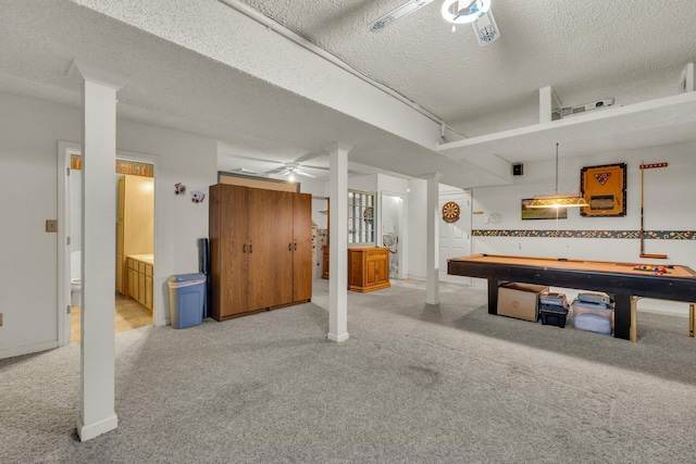 6434 Waconda Point Rd, Harrison, TN 37341 - playroom featuring baseboards, a ceiling fan, carpet, a textured ceiling, and billiards