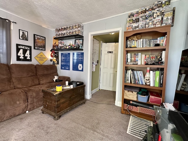 carpeted living room featuring a textured ceiling and ornamental molding