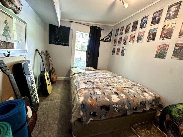 bedroom with carpet and ornamental molding