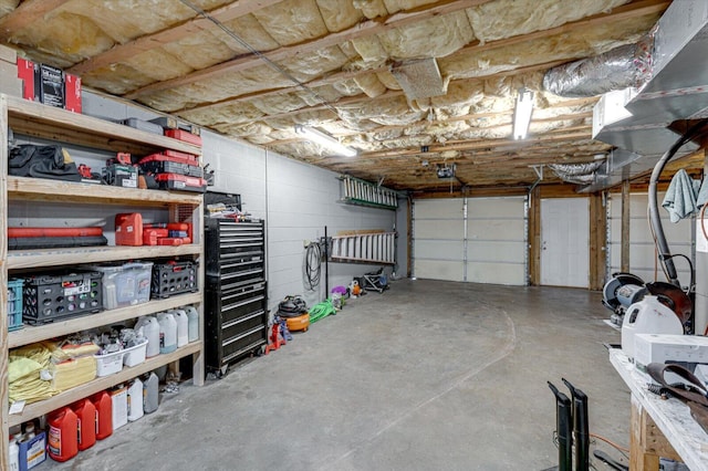 garage featuring a workshop area and a garage door opener