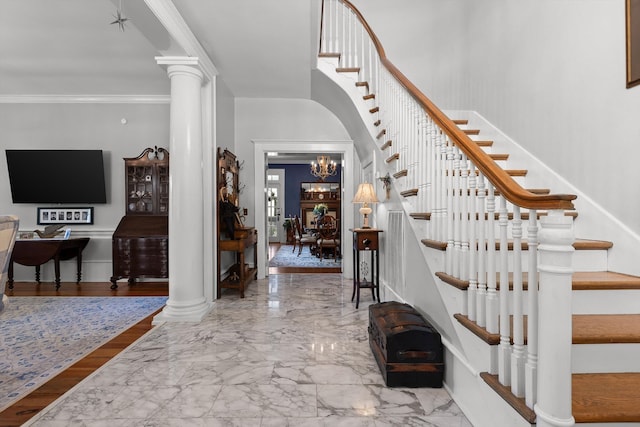 302 S Main St, Lafayette, GA 30728 - entryway featuring crown molding, stairway, marble finish floor, and ornate columns