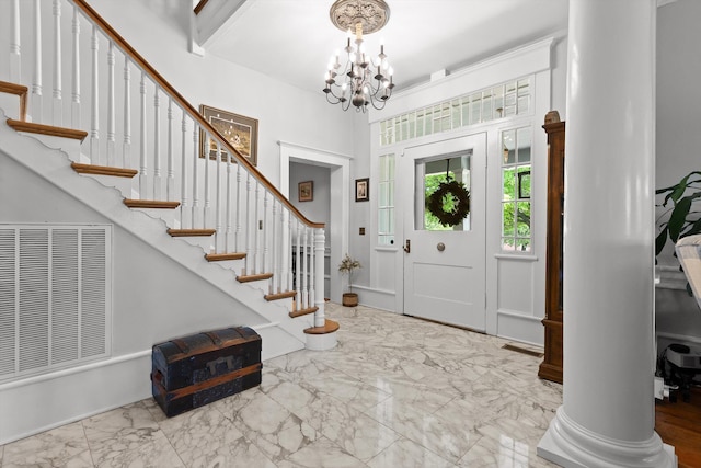302 S Main St, Lafayette, GA 30728 - foyer featuring stairs, marble finish floor, an inviting chandelier, visible vents, and decorative columns