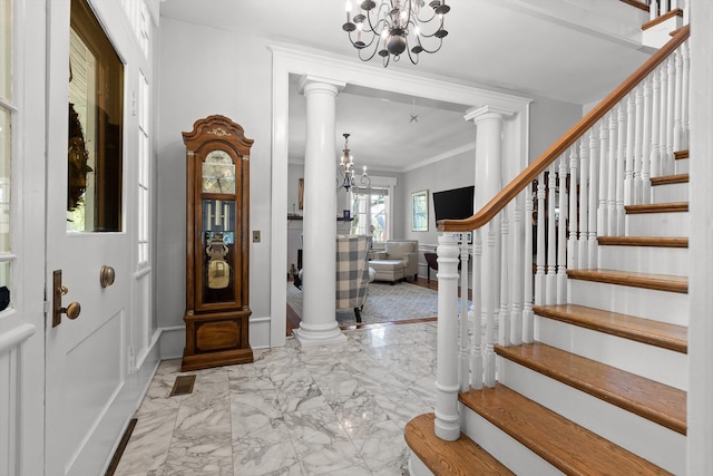 302 S Main St, Lafayette, GA 30728 - entryway featuring ornate columns, marble finish floor, a chandelier, and stairway