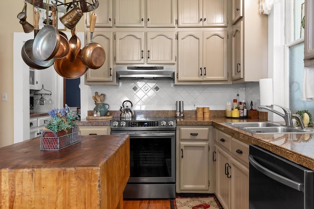 302 S Main St, Lafayette, GA 30728 - kitchen featuring tile counters, under cabinet range hood, dishwasher, a sink, and stainless steel range with electric stovetop