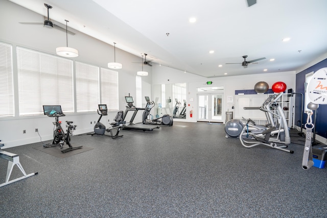 workout area featuring recessed lighting, a ceiling fan, and baseboards
