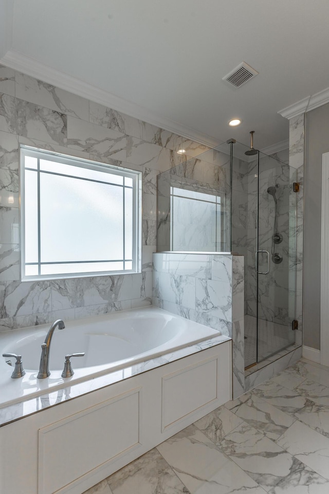 full bath with marble finish floor, visible vents, ornamental molding, a marble finish shower, and a bath