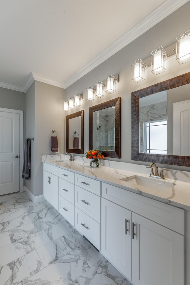 full bathroom featuring double vanity, crown molding, a shower, and a sink
