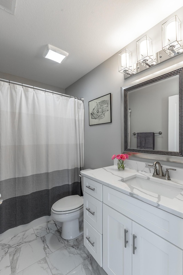 bathroom with visible vents, marble finish floor, vanity, and toilet