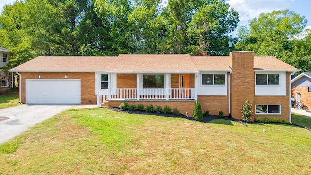 ranch-style house featuring covered porch, driveway, a front lawn, and brick siding