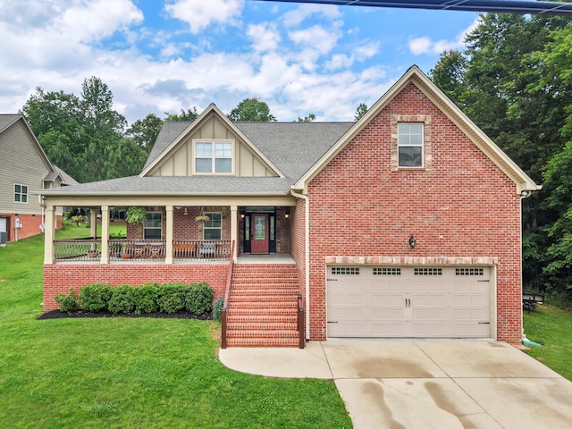 7415 Island Manor Dr, Harrison, TN 37341 - view of front of house with an attached garage, brick siding, board and batten siding, covered porch, and driveway