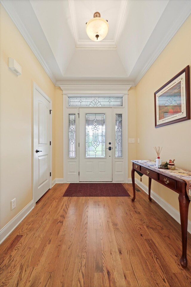 7415 Island Manor Dr, Harrison, TN 37341 - entryway with a tray ceiling, light wood-style floors, ornamental molding, and baseboards